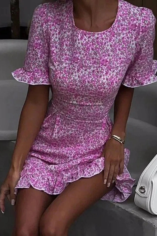 Glorol - Hollow Out Printed Backless Slim Fit Short Sleeve Mini Dress