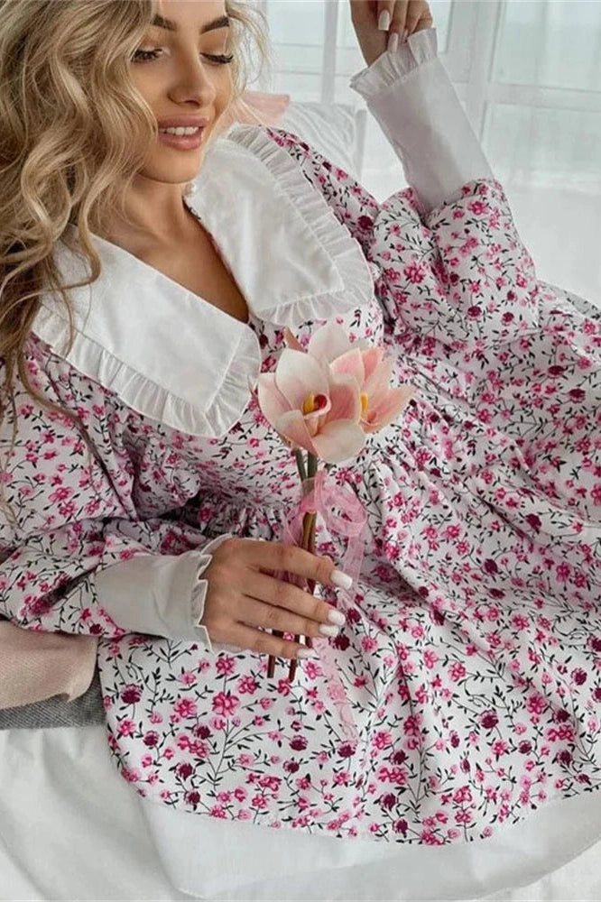 Glorol - Printed V-Neck Slim Long Sleeve Bodycon Mini Dress