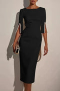 Glorol - Elegant O Neck Split Half Sleeve Slim Midi Dress