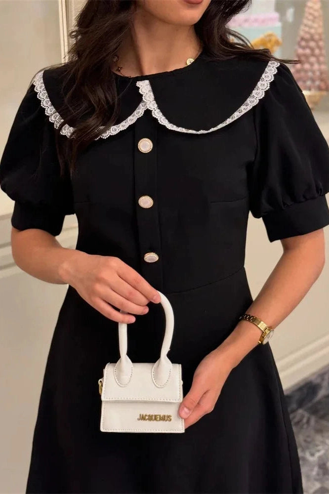 Glorol - Elegant Patchwork Short Sleeve Lace-Up Mini Dress