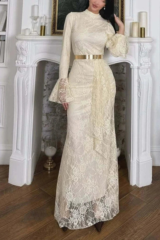 Glorol - O-Neck Lace High Waist Long Sleeve Pleated Maxi Dress