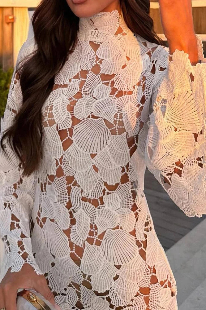 Glorol - Lace Hollow Out High Waist Turtleneck Long Sleeve Mini Dress