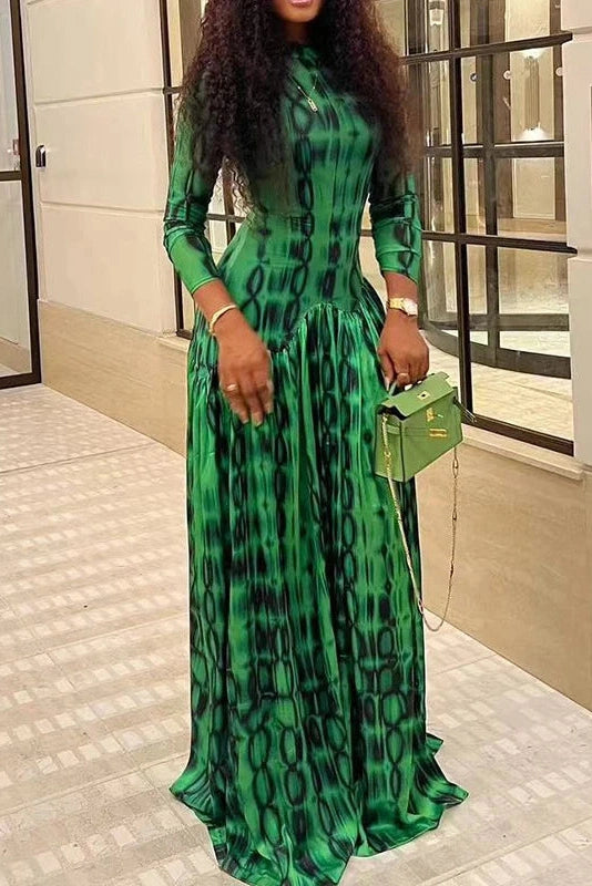 Glorol - Printed Long Sleeve Slim High Waist Pleated Maxi Dress