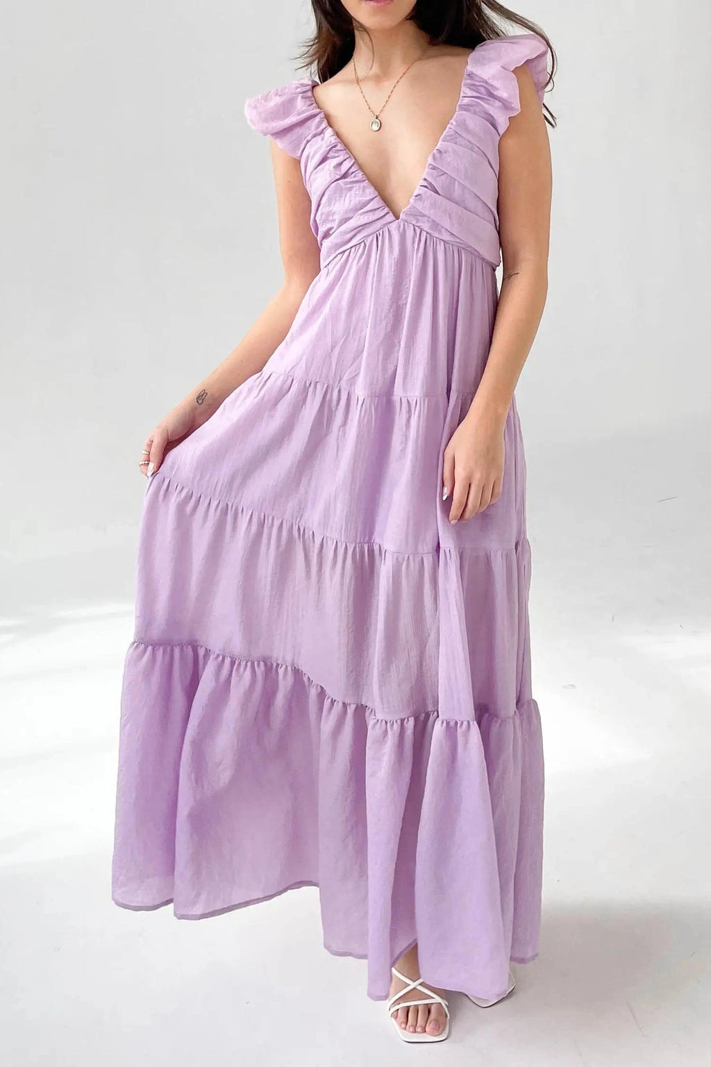 Glorol - Elegant V-Neck Loose Pleated Maxi Dress