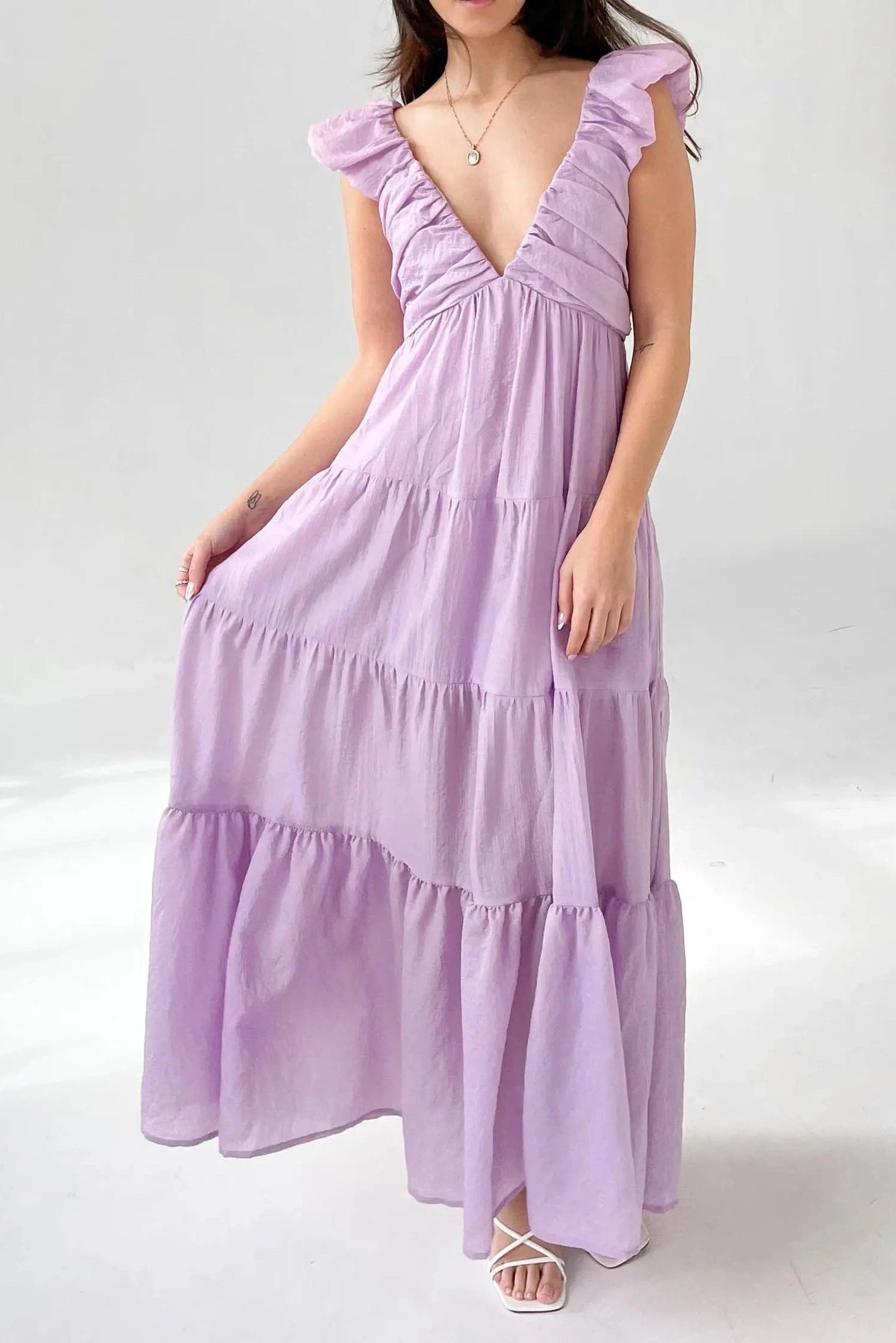 Glorol - Elegant V-Neck Loose Pleated Maxi Dress