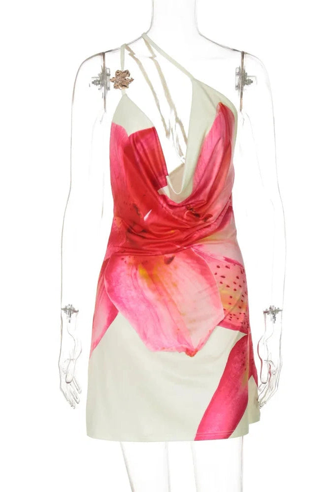 Glorol - Hollow Out One Shoulder Backless Print Sleeveless Mini Dress