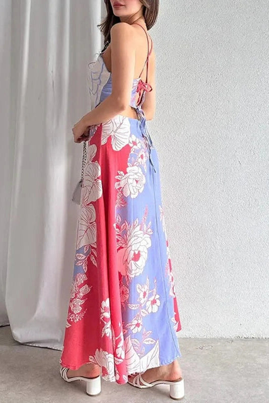 Glorol - Hollow Out Lace Up Backless Sleeveless Printed Maxi Dress