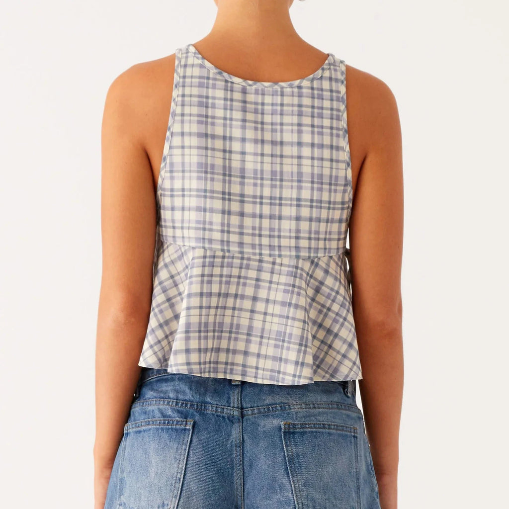 Glorol - Plaid Print Sleeveless Round Neck Tie-Up Top