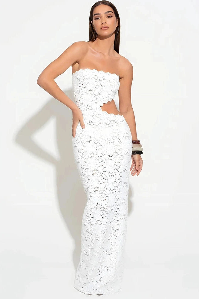 Glorol - Hollow Out Off-Shoulder Lace Strapless Sleeveless Maxi Dress