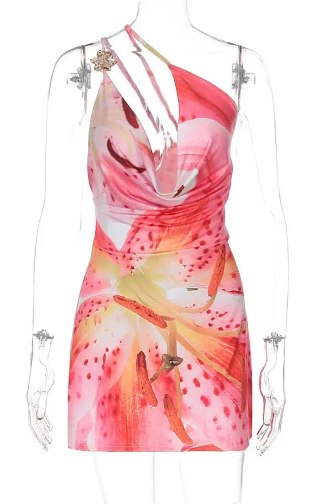 Glorol - One-Shoulder V-Neck Printed Slim Backless Mini Dress