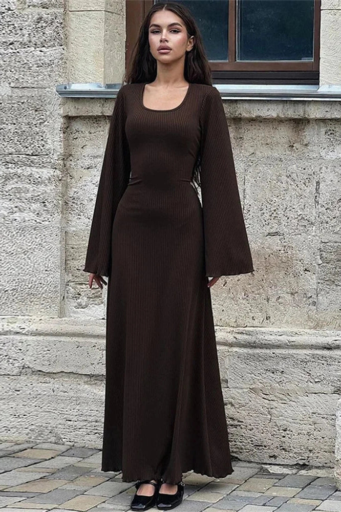 Lace-Up Long Sleeve Slim Loose Maxi Dress