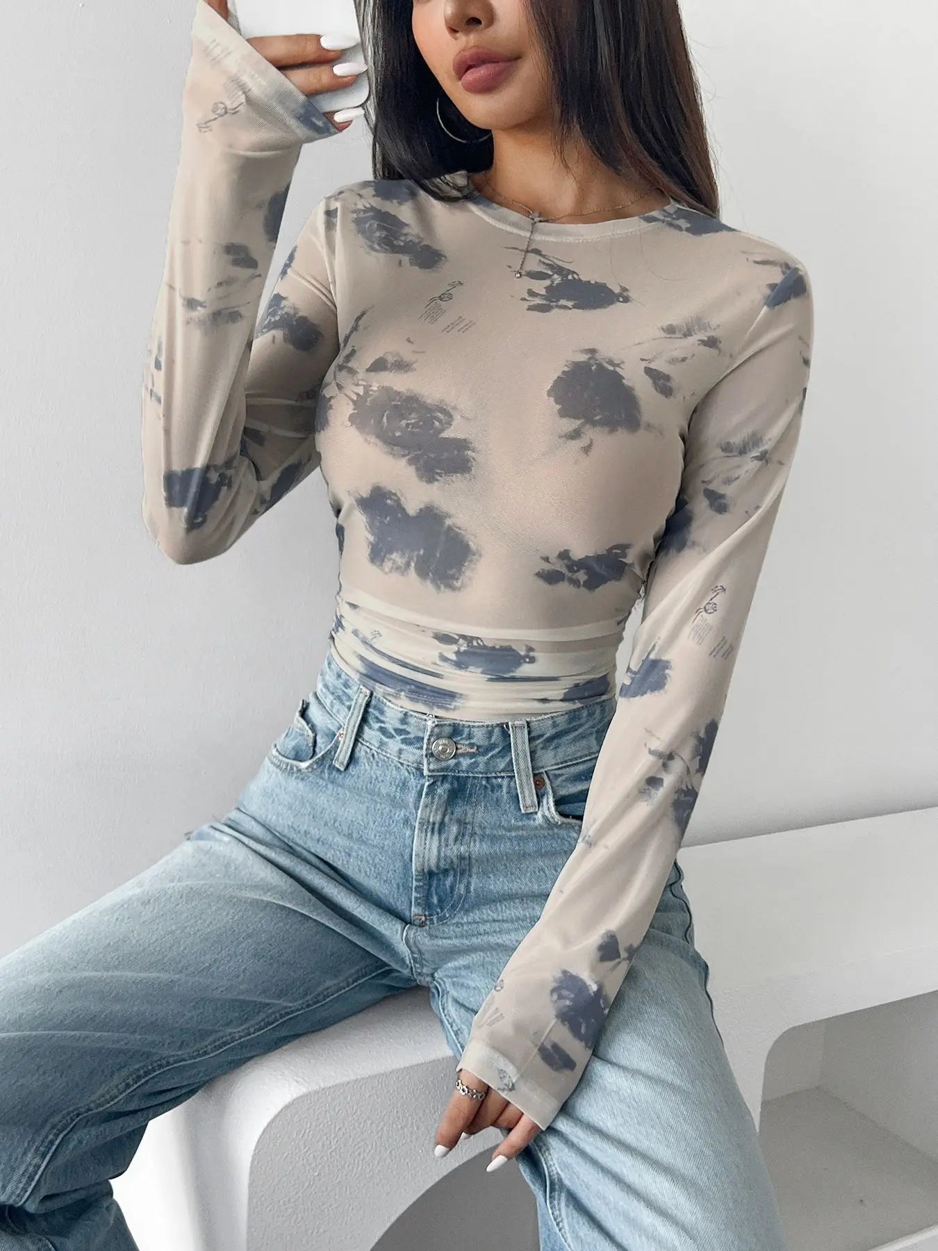 Glorol - Floral Mesh Print Pleated Round Neck Slim Top