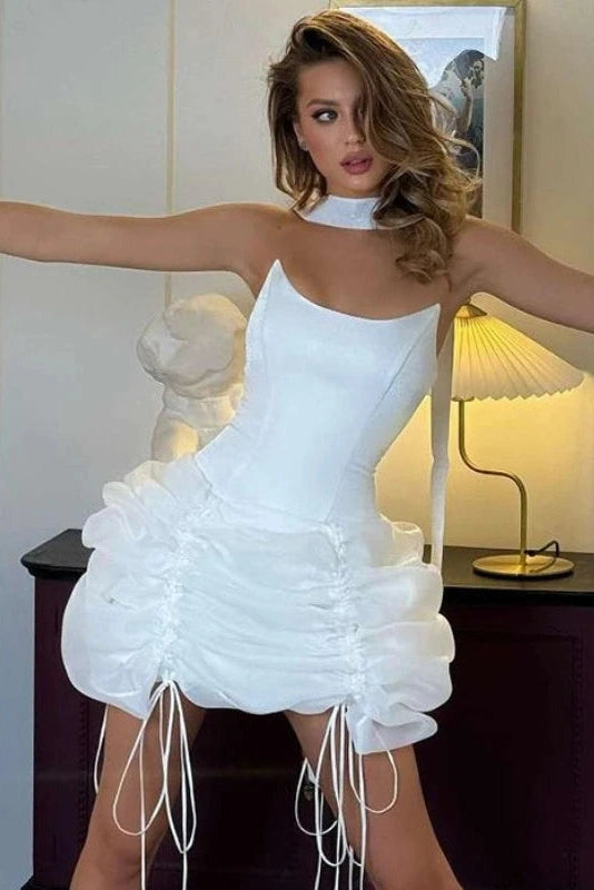 Glorol - Elegant Scarf-Neck Backless Fit Mini Dress