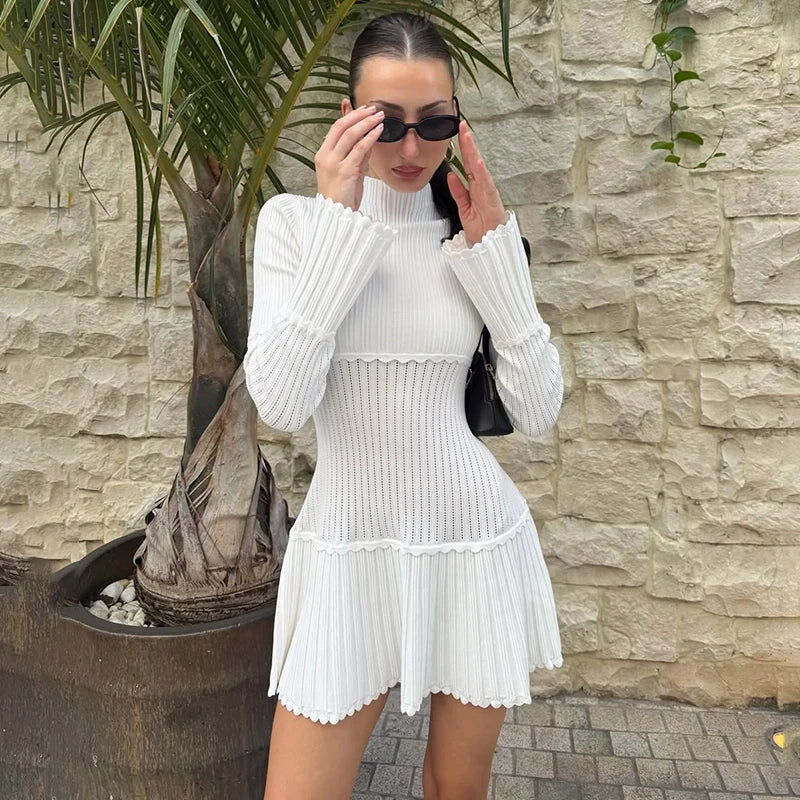Glorol - Hollow Knitted Long Sleeve Slim Mini Dress