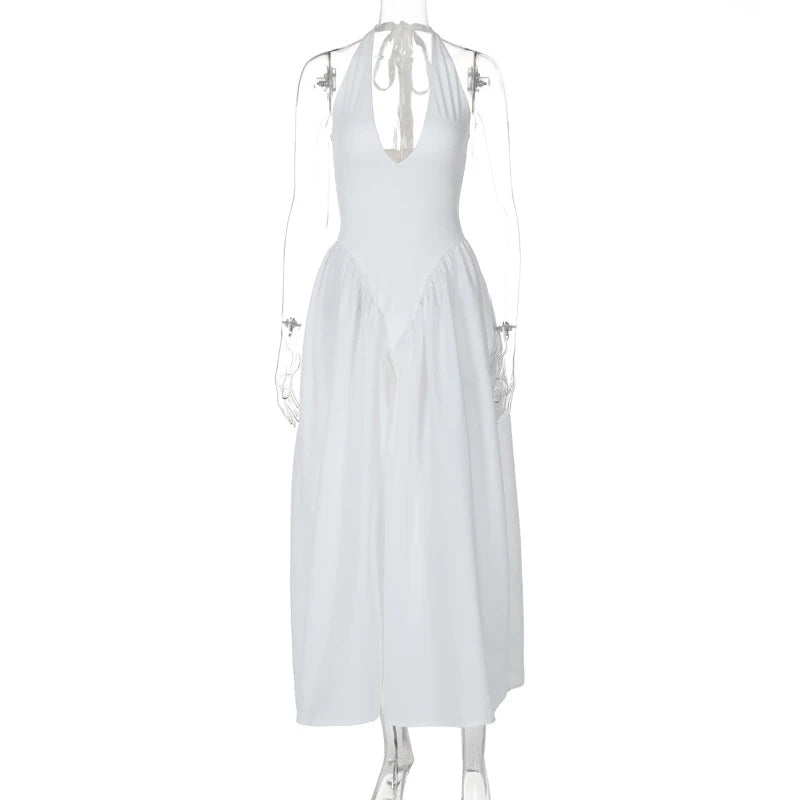 Glorol - Deep V Neck A-Line Pleated Midi Dress