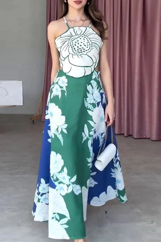 Glorol - Hollow Out Lace Up Backless Sleeveless Printed Maxi Dress