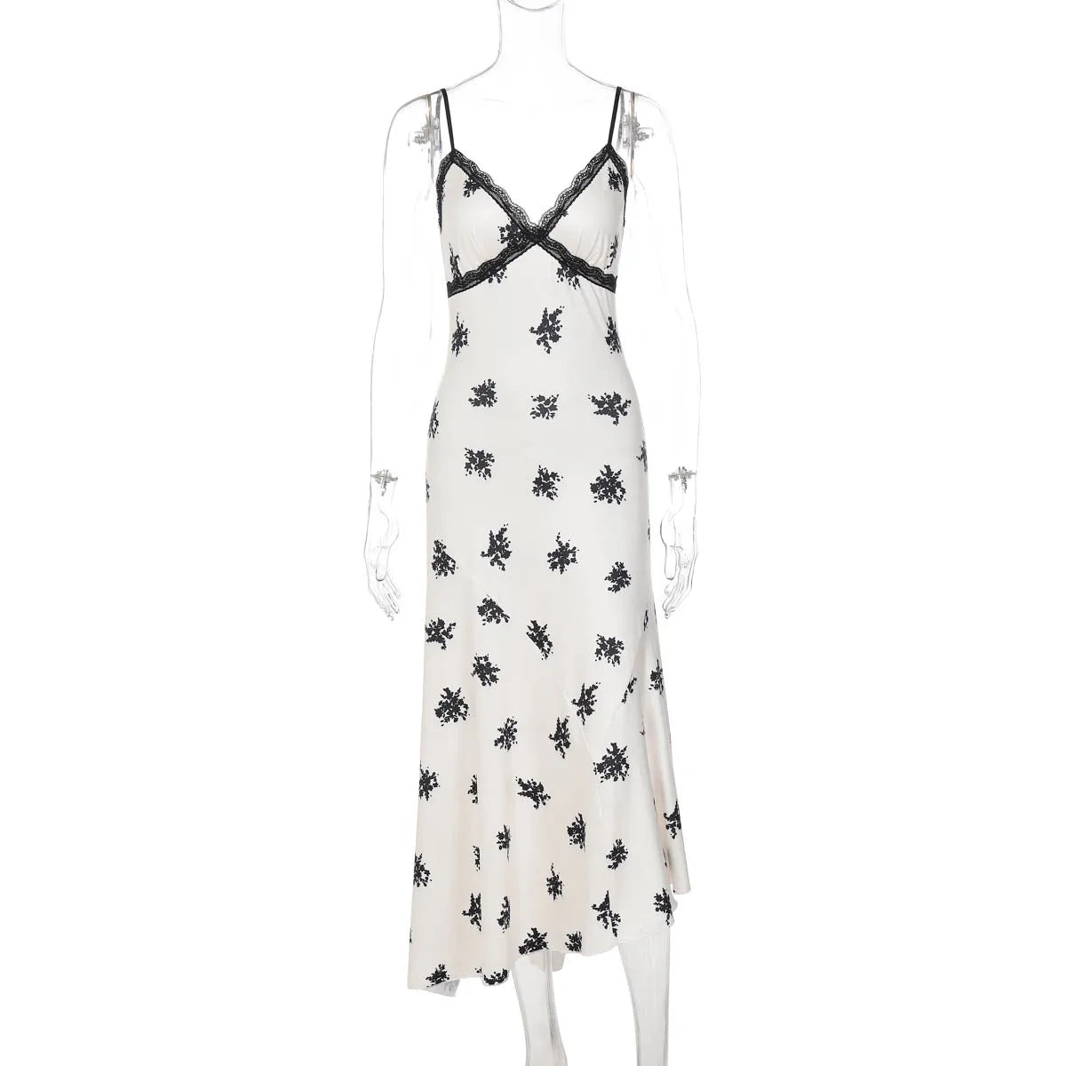 Glorol - Lace Print Spaghetti Strap Slim Midi Dress