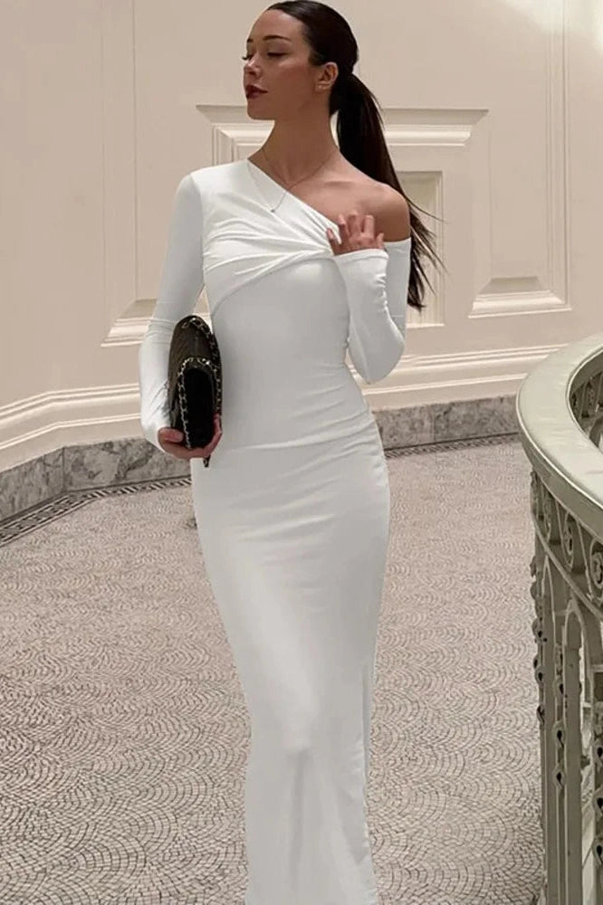 Glorol - Inclined Shoulder Long Sleeve Backless Bodycon Maxi Dress