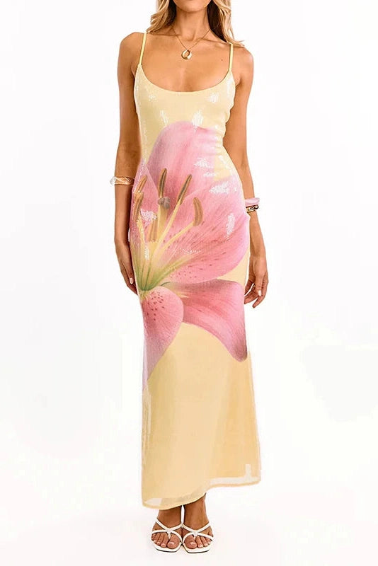 Glorol - Floral Print Sleeveless Slim High Waist Backless Maxi Dress