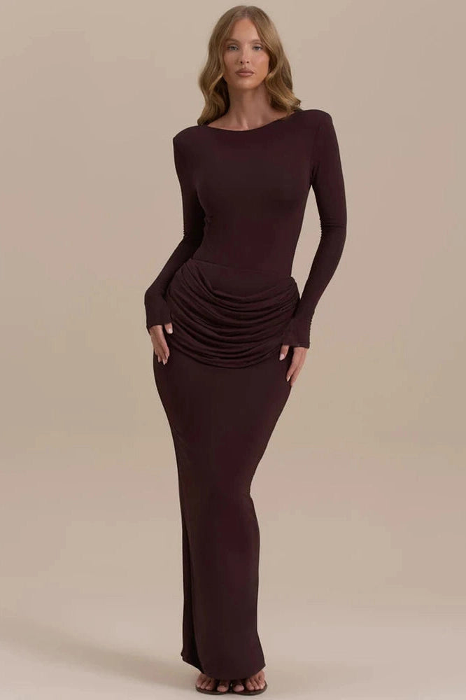 Glorol - Long Sleeve O Neck High Waist Bodycon Maxi Dress