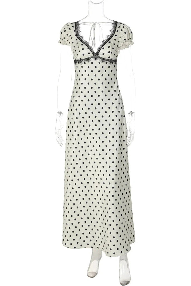 Glorol - Lace Backless V-Neck Short Sleeve Maxi Dress