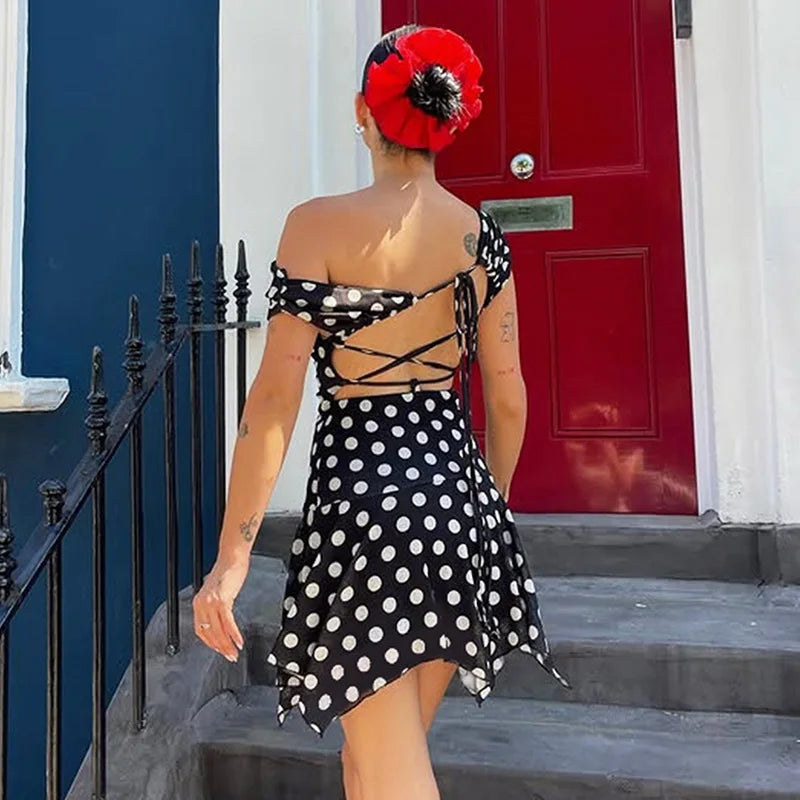 Glorol - Polka Dot Off-Shoulder Long Sleeve Patchwork Mini Dress