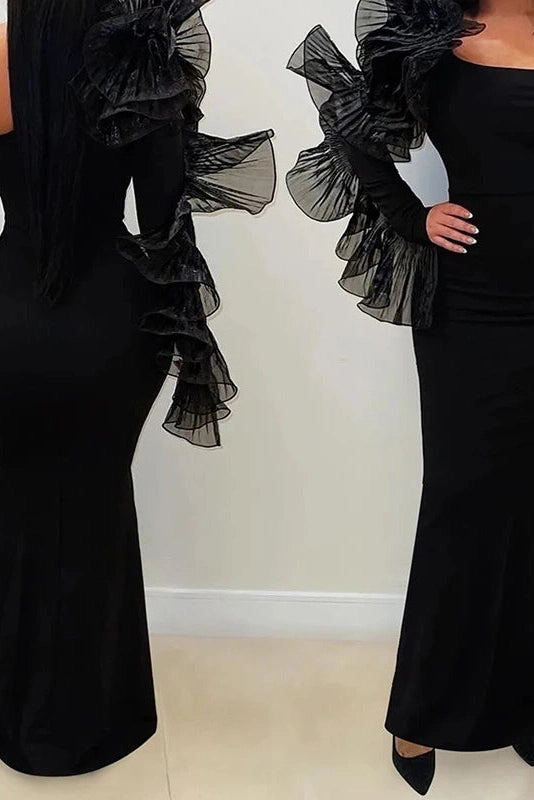Glorol - Elegant One-Shoulder Sleeve Slash Collar Slim Pleated Maxi Dress