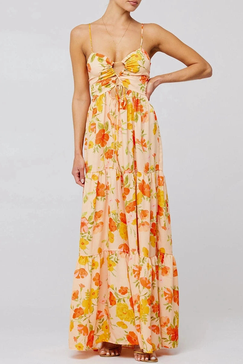 Glorol - Sleeveless Spaghetti Strap Floral Print Maxi Dress