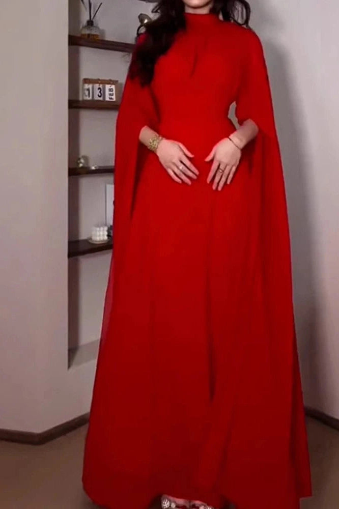 Glorol - Elegant O-Neck Slit Long Sleeve Pleated High Waist Maxi Dress