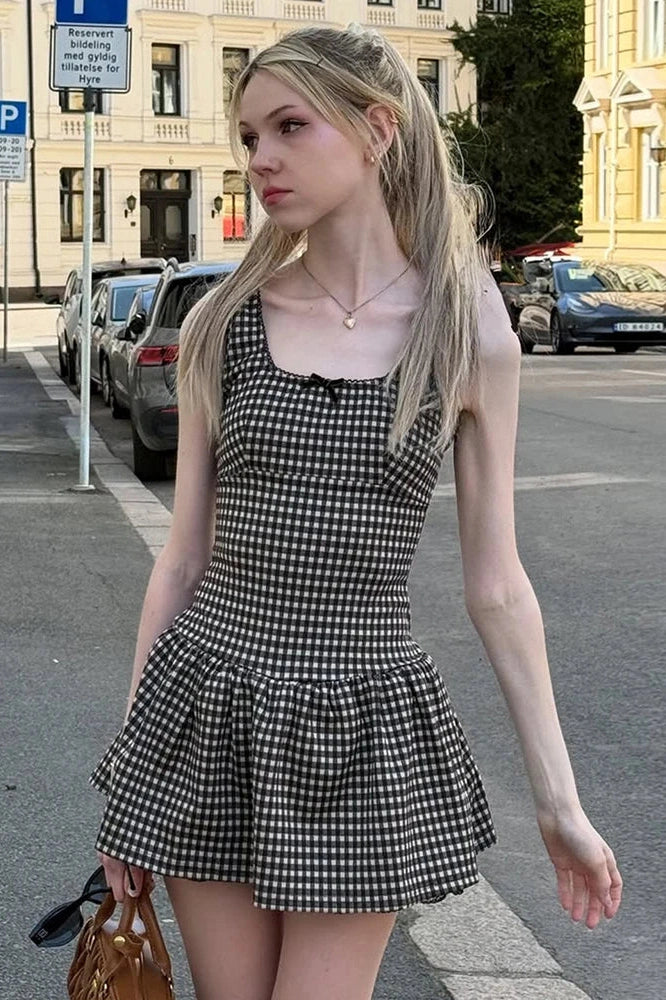 Glorol - Plaid Printed Square Collar A-Line Sleeveless High Waist Mini Dress