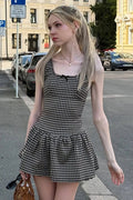 Glorol - Plaid Printed Square Collar A-Line Sleeveless High Waist Mini Dress