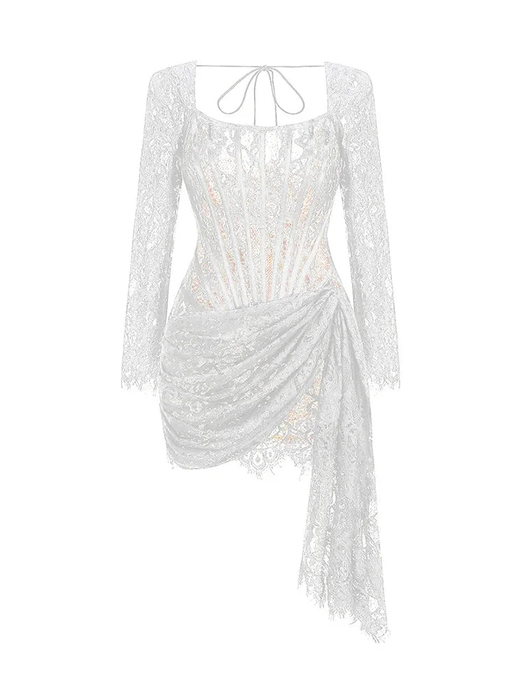 Glorol - Lace See-Through Bodycon Irregular Mini Dress