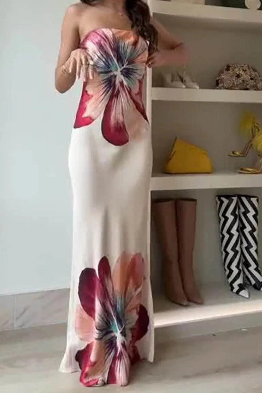 Glorol - Printed Off Shoulder Slim Backless Strapless Maxi Dress