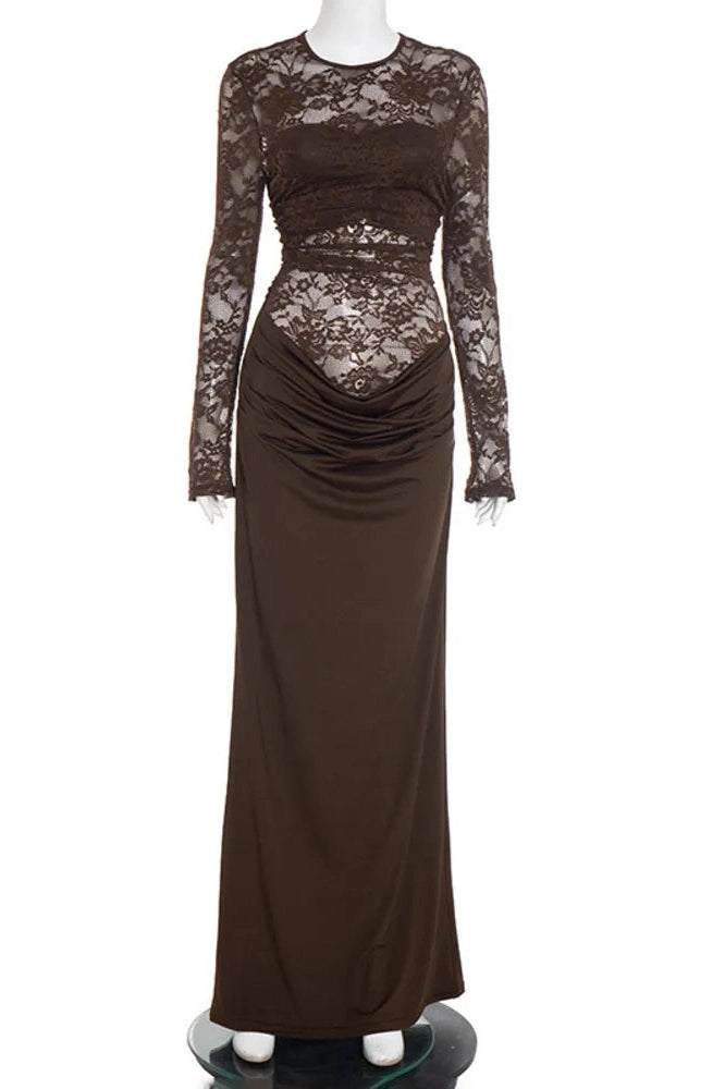 Glorol - Lace Patchwork See Through Long Sleeve High Waist Maxi Dress