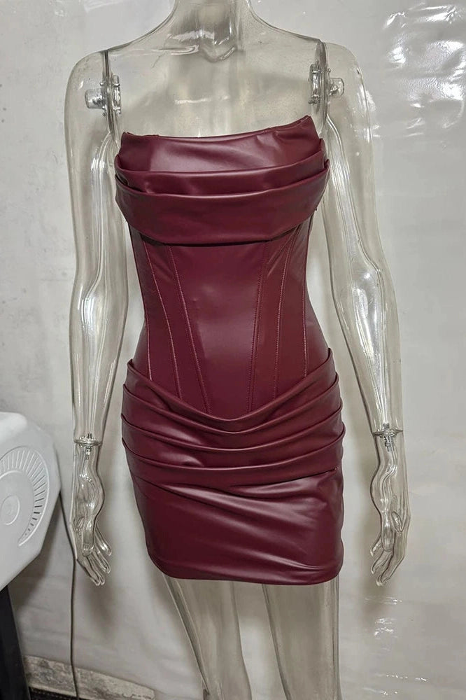 Glorol - PU Leather Off-Shoulder Strapless Sleeveless Lace-up Mini Dress