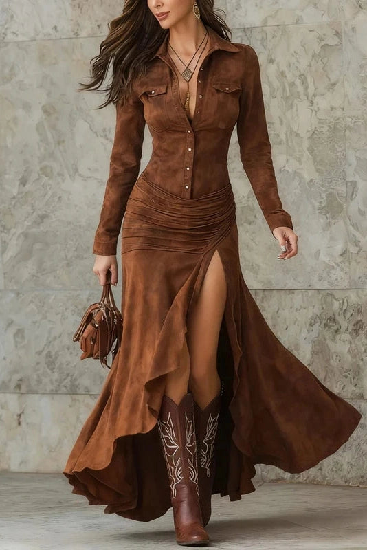 Glorol - Pleated Split Printed Slim Bodycon High Waist Maxi Dress