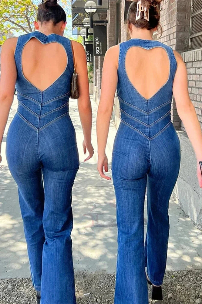 Glorol - Backless Sleeveless Heart Cutout Bodycon Jumpsuit