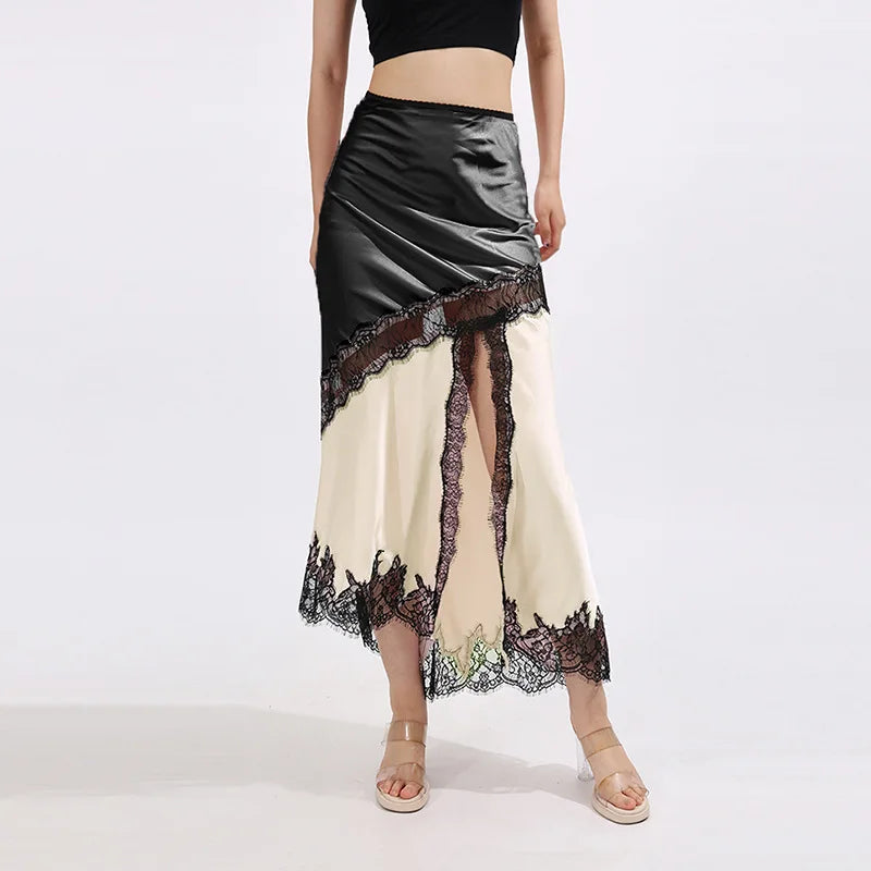Glorol - High Waist Lace Splice Hollow Slit Skirt
