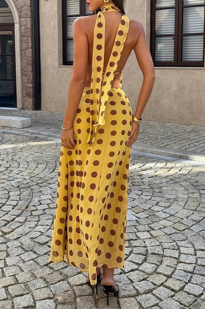 Deep V-Neck High Waist Sleeveless Printed Maxi Dress