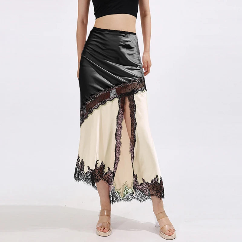 Glorol - High Waist Lace Splice Hollow Slit Skirt