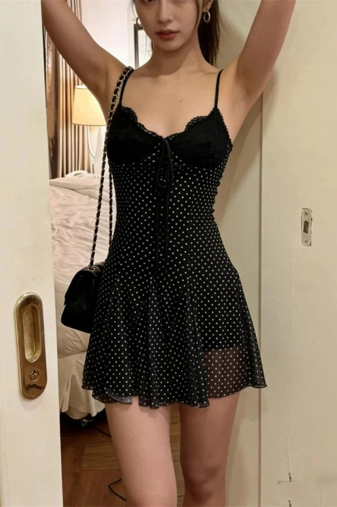 Glorol - Lace See-Through High Waist Slim V-Neck Mini Dress