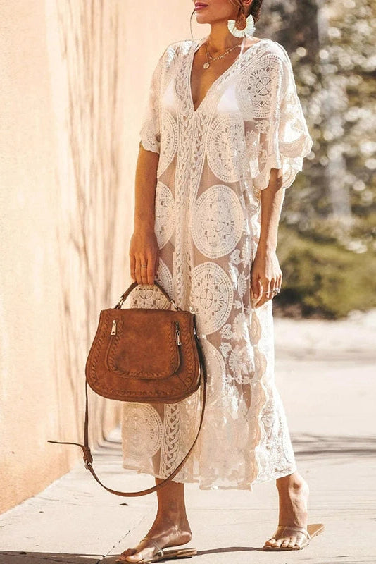 Glorol - Elegant Lace Hollow V Neck Sleeves Midi Dress