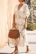 Glorol - Elegant Lace Hollow V Neck Sleeves Midi Dress