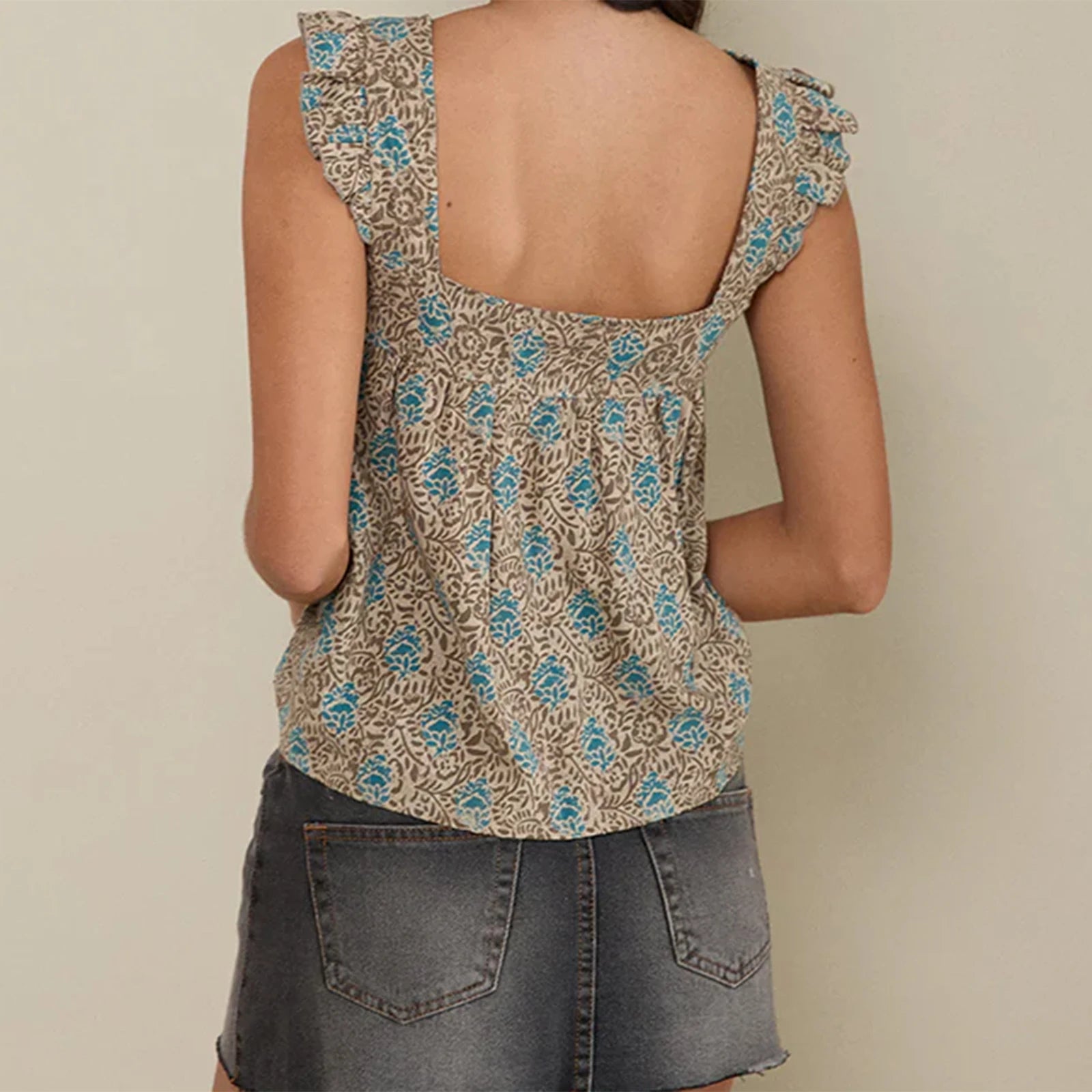 Glorol - Plaid Square Neck Sleeve Backless Top
