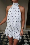 Glorol - Polka Dot Backless Turtleneck Off-Shoulder Sleeveless Mini Dress
