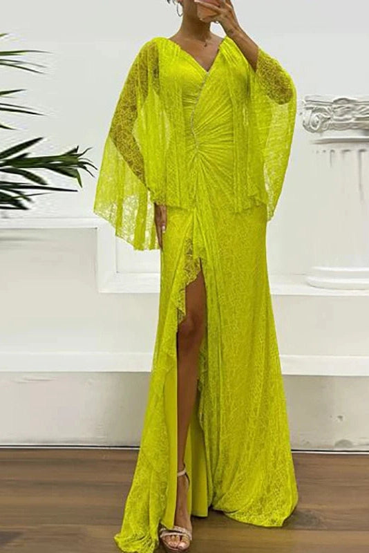 Glorol - Hollow Lace Embroidery V-Neck Slim Split High Waist Maxi Dress