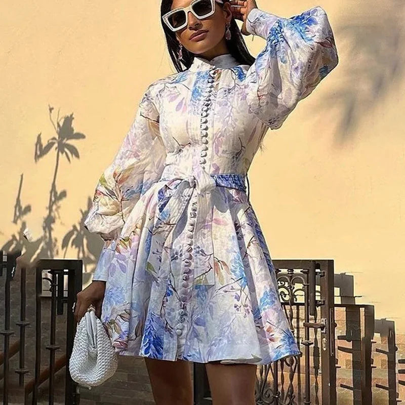 Glorol - Printed Lace Up Single Breasted Mini Dress