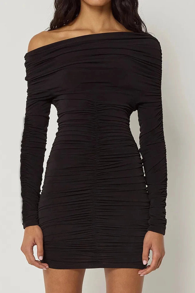 Glorol - Inclined Shoulder Long Sleeve Backless Mini Dress