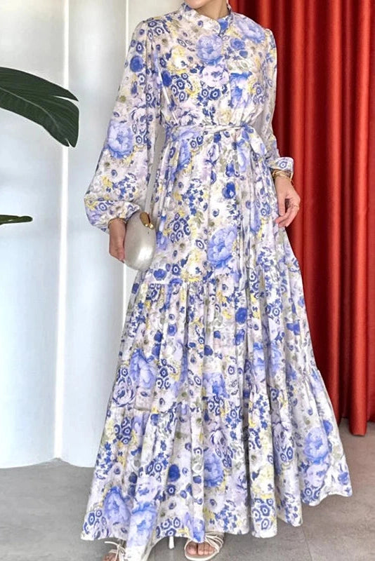Glorol - Printed Pleated Long Sleeve High Waist Button A-Line Maxi Dress