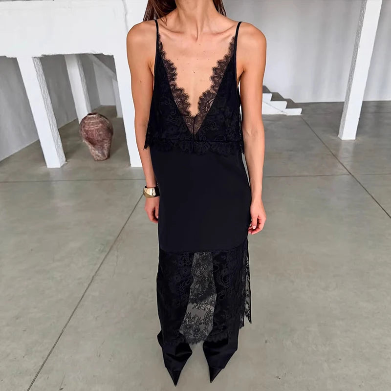 Glorol - Lace Slit Deep V-Neck Loose Midi Dress